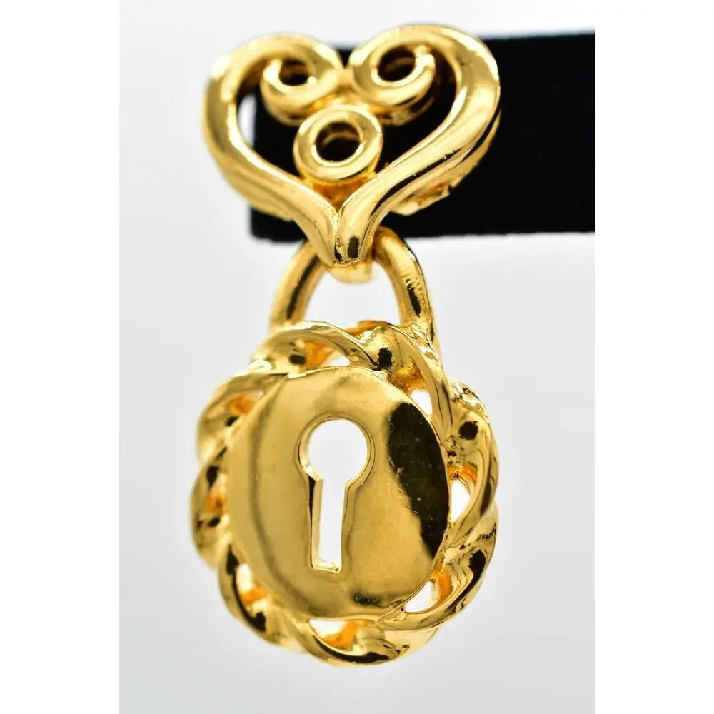 Givenchy Vintage Heart Lock Earrings Gold Tone Dangle Chunky Signed 1980s BinBK